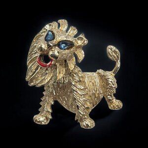 Vintage Lion Trembler Brooch Pin With Blue Eyes & Red Accents Gold-Tone Metal
